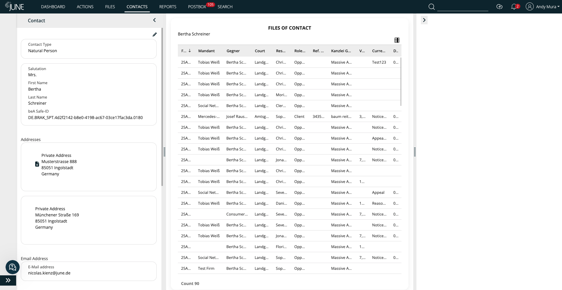 Contact information legal case management software